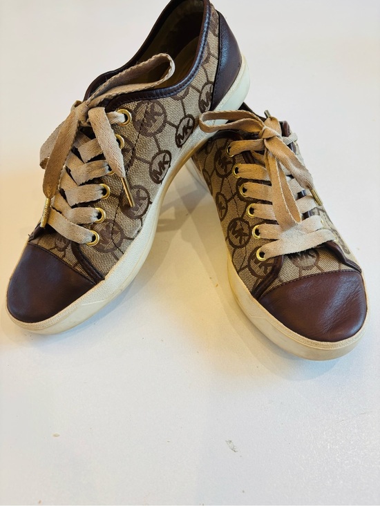 Michael Kors Shoes - Michael Kors Beige Monogram Canvas Sneakers with Brown Leather Trim size 7.5